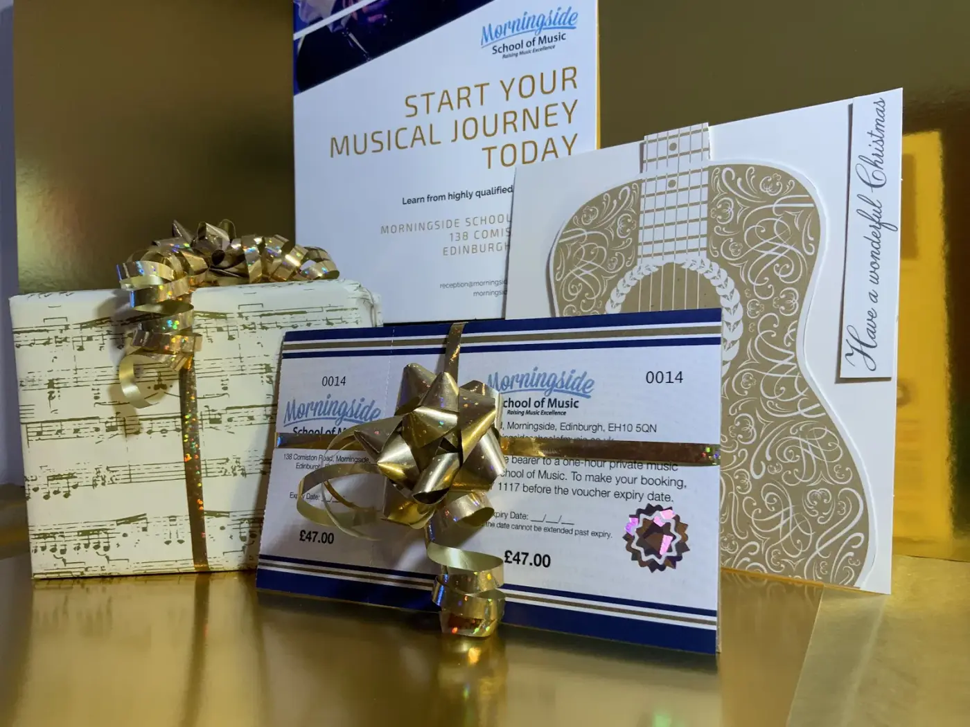 A wrapped Morningside School of Music gift voucher for a one-hour private music lesson